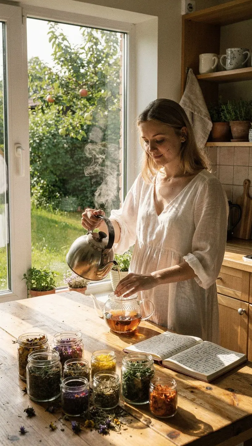 Arbatos puodelis ant medinio stalo, šalia natūralios žaliavos ir užrašų apie arbatos naudą kasdieniuose ritualuose